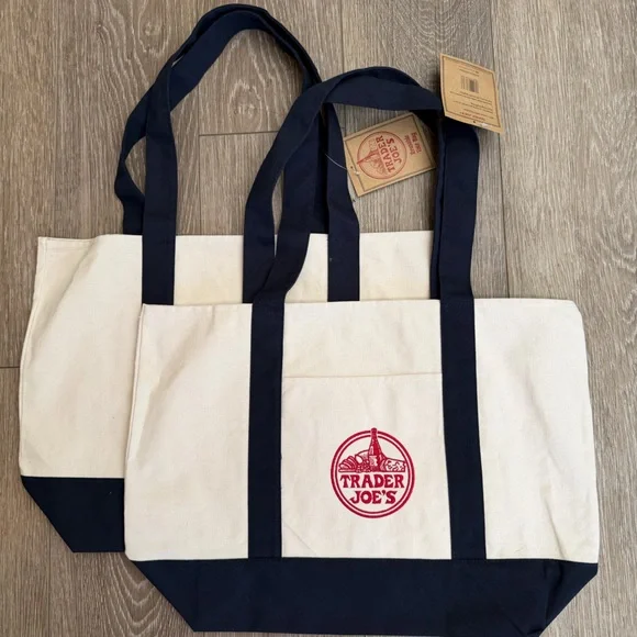 Trader Joe's Natural Canvas Tote with Navy Trim - Picture 1 of 4